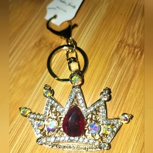 Crown Rhinestone Keychain Purse Charm Red and Iridescent